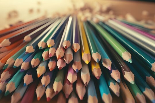  a close up of a bunch of colored pencils with a blurry background of the colors of the pencils in the picture and in the background.  generative ai