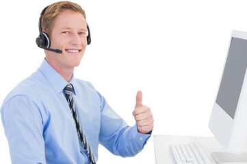 Handsome agent with headset smiling at camera
