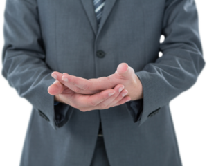 Businessman gesturing against white background
