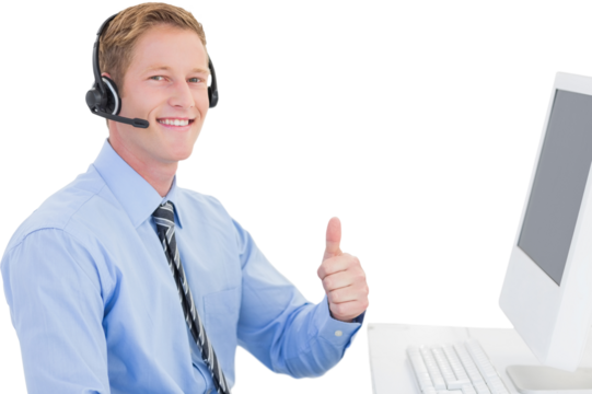 Handsome agent with headset smiling at camera