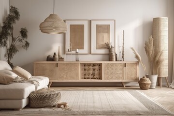 Modern beige living room interior design with sculpture, painting, beige wooden sideboard, and boho inspired accessories. Template. Generative AI