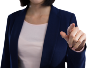Mid section of businesswoman touching invisible screen