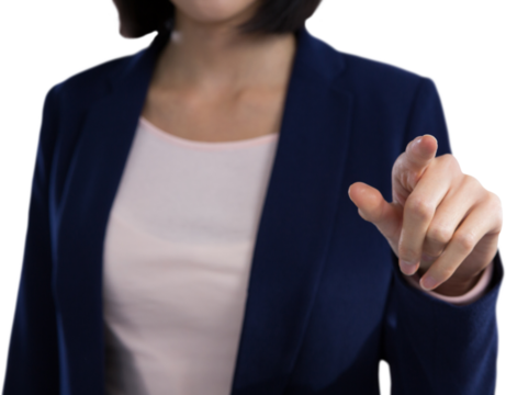 Mid section of businesswoman touching invisible screen