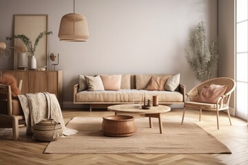 Living room mockup in warm hues with rattan wooden furniture,. Generative AI
