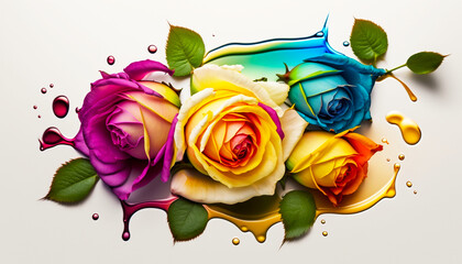 Obraz na płótnie Canvas Rainbow roses flowers on isolated white background with colorful liquid and water drops. Flowers wallpaper, abstract design. Generative AI