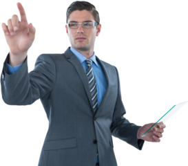 Businessman holding futuristic digital tablet 