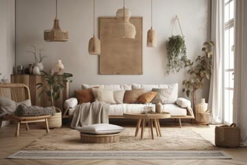 Boho scandinavian living room with light beige couch, table, and décor. Wall mockup. Excellent. Generative AI