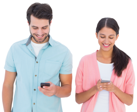 Happy couple sending text messages