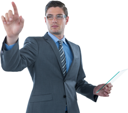 Businessman holding futuristic digital tablet 