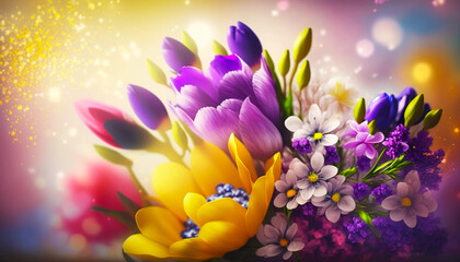 Fototapeta na wymiar Postcard, banner, wallpaper. Spring bouquet colorful flowers on shiny colorful bokeh background. Generative AI