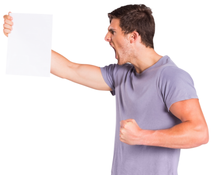 Angry man shouting at piece of paper