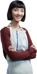 Smiling waitress standing with arms crossed against white background