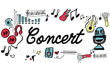 Concert text surrounded by various colorful vector icons