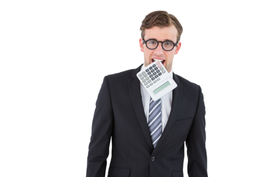 Geeky businessman biting calculator - Powered by Adobe