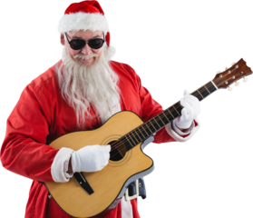 Smiling Santa Claus playing guitar while standing