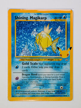 Hamburg, Germany - 03312023: photo of the English 25th anniversary Celebrations pokemon card Shining Magikarp. The Pokemon TCG is a famous and attractive investment possibility.