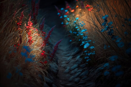 A path through an illuminated colourful wildflower meadow or garden. Generative AI.