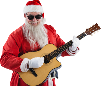 Smiling Santa Claus playing guitar while standing