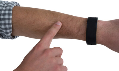 Close-up of man wearing fitness band