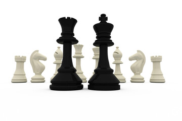 Black king and queen standing in front of white pieces