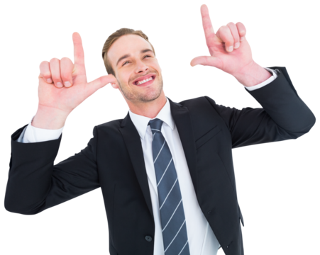 Happy businessman pointing with fingers - Powered by Adobe