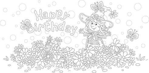 Happy birthday card with a funny little fairy and merry butterflies flying around a pretty flowerbed in a summer garden, black and white vector cartoon illustration