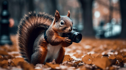 quirky squirrel with a high-end camera in a bustling city park, seemingly capturing the perfect shot (created with Generative AI)