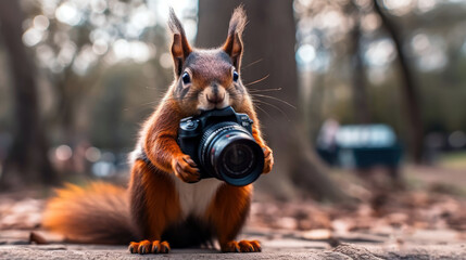 quirky squirrel with a high-end camera in a bustling city park, seemingly capturing the perfect shot (created with Generative AI)