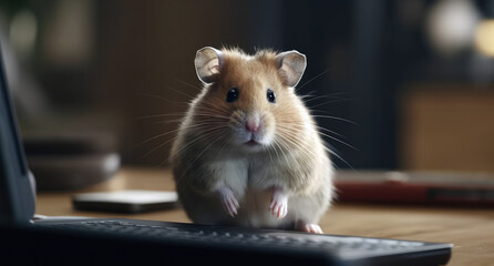 tech-savvy hamster perches near laptop (created with Generative AI)