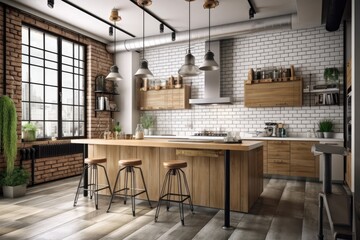 Interior of a contemporary kitchen with wooden counters, a concrete floor, and white brick walls. simulated toned image. Generative AI