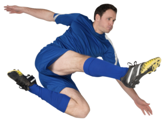 Football player in blue kicking