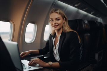 Successful caucasian businesswoman with laptop on airplane seated in business class. Generative AI.
