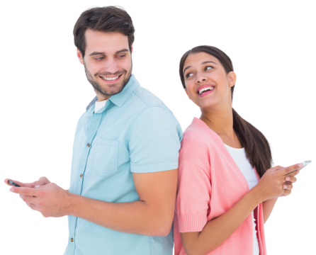 Happy couple sending text messages