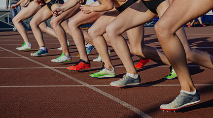 legs female athletes in running spikes shoes on starting line of middle distance race, olympic...