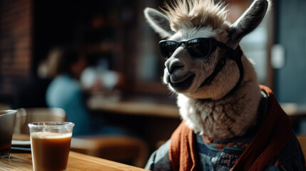 llama wearing a trendy outfit and sunglasses serves as a barista in a hip coffee shop (created with Generative AI)