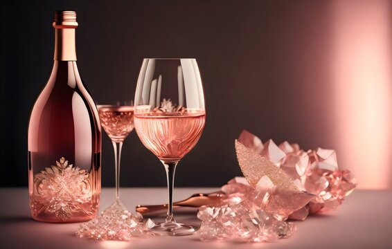a bottle of pink wine and glasses on a table - Generative AI