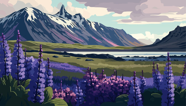 Beautiful landscape of blooming lupine flowers Iceland. Vector illustration. © Виктория Дутко