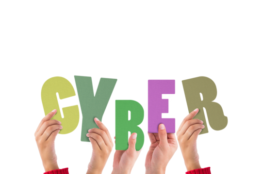 Colorful alphabet spelling cyber held up by people