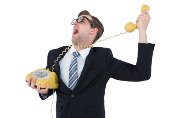 Geeky businessman being strangled by phone cord
