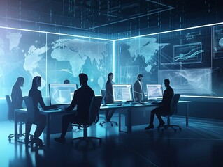 vector illustration depicting a group of cybersecurity specialists gathered in a contemporary boardroom.Generative AI digital illustration.