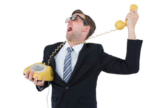 Geeky businessman being strangled by phone cord