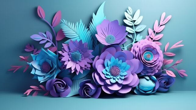 3d render, blue violet neon paper flowers. Generative Ai