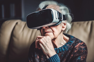 senior lady experiencing cyberspace in VR goggles. Generative ai