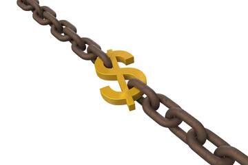 3d image of rusty chains connected to dollar sign