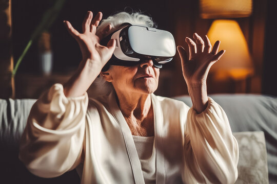 senior lady experiencing cyberspace in VR goggles. Generative ai