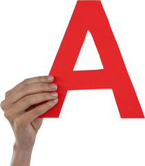 Cropped hand of businesswoman holding alphabet A