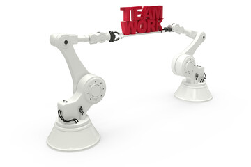 Robotic hands holding team work text against white background