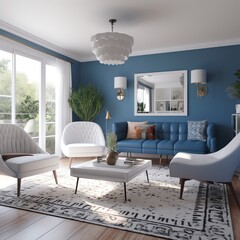 Modern living room interior, art deco design. Navy and gray colors. Lavish fancy luxury apartment interior. Generative AI