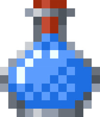 Mana potion pixel art. Blue elixir in magic phial retro game style icon. Vector illustration.