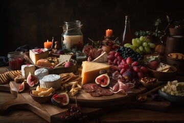 Fototapeta na wymiar a table topped with lots of different types of cheese and fruit next to a jar of candles and a jar of wine on top of a wooden cutting board. generative ai